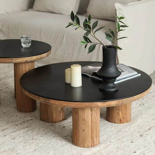 Reclaimed Wooden Round Side Table, Large, Black Oak Veneer - iDekor8