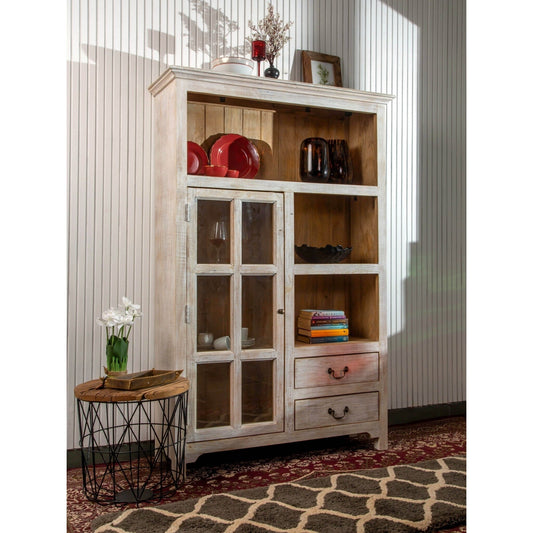 Glass Cabinet With Shelves, Washed White - iDekor8