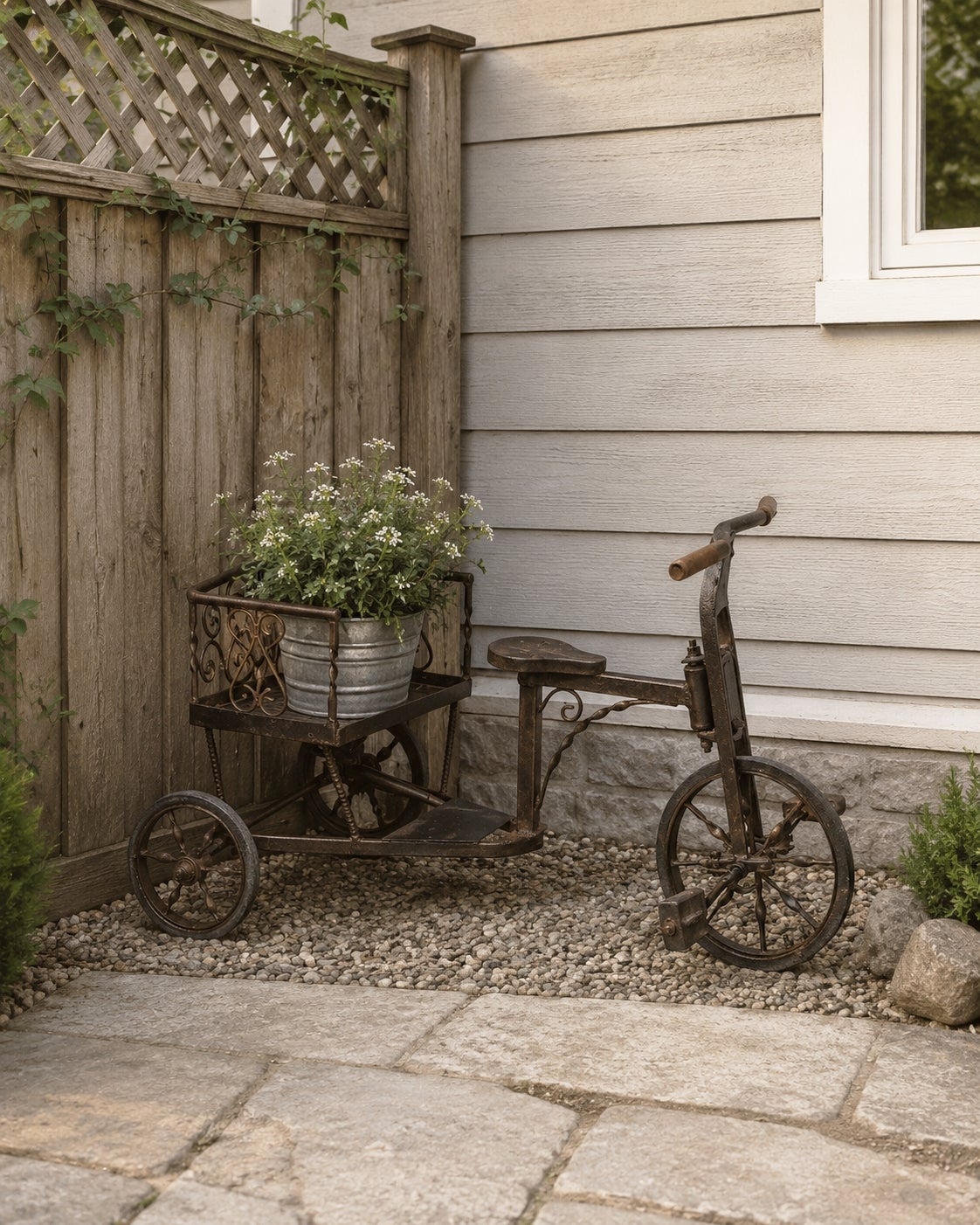 Close-up of the RS-84116 iron bicycle showcasing detailed craftsmanship, rivets, and textured surface in a vintage workshop setting.