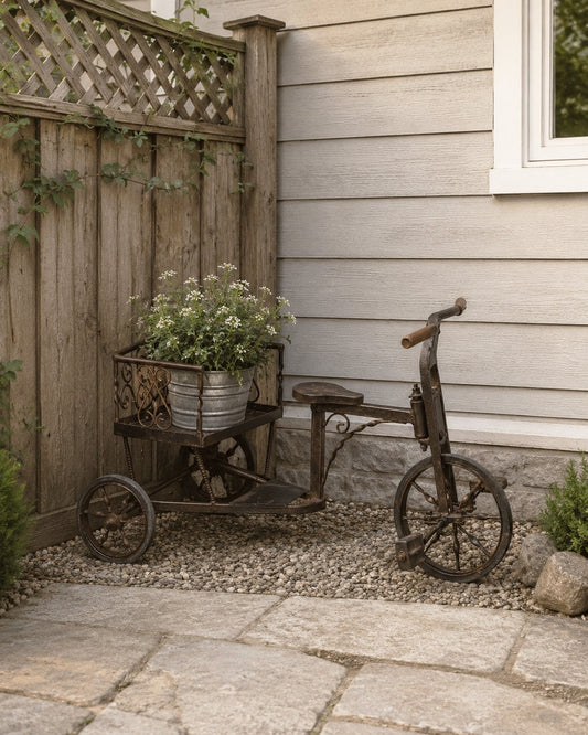 Close-up of the RS-84116 iron bicycle showcasing detailed craftsmanship, rivets, and textured surface in a vintage workshop setting.
