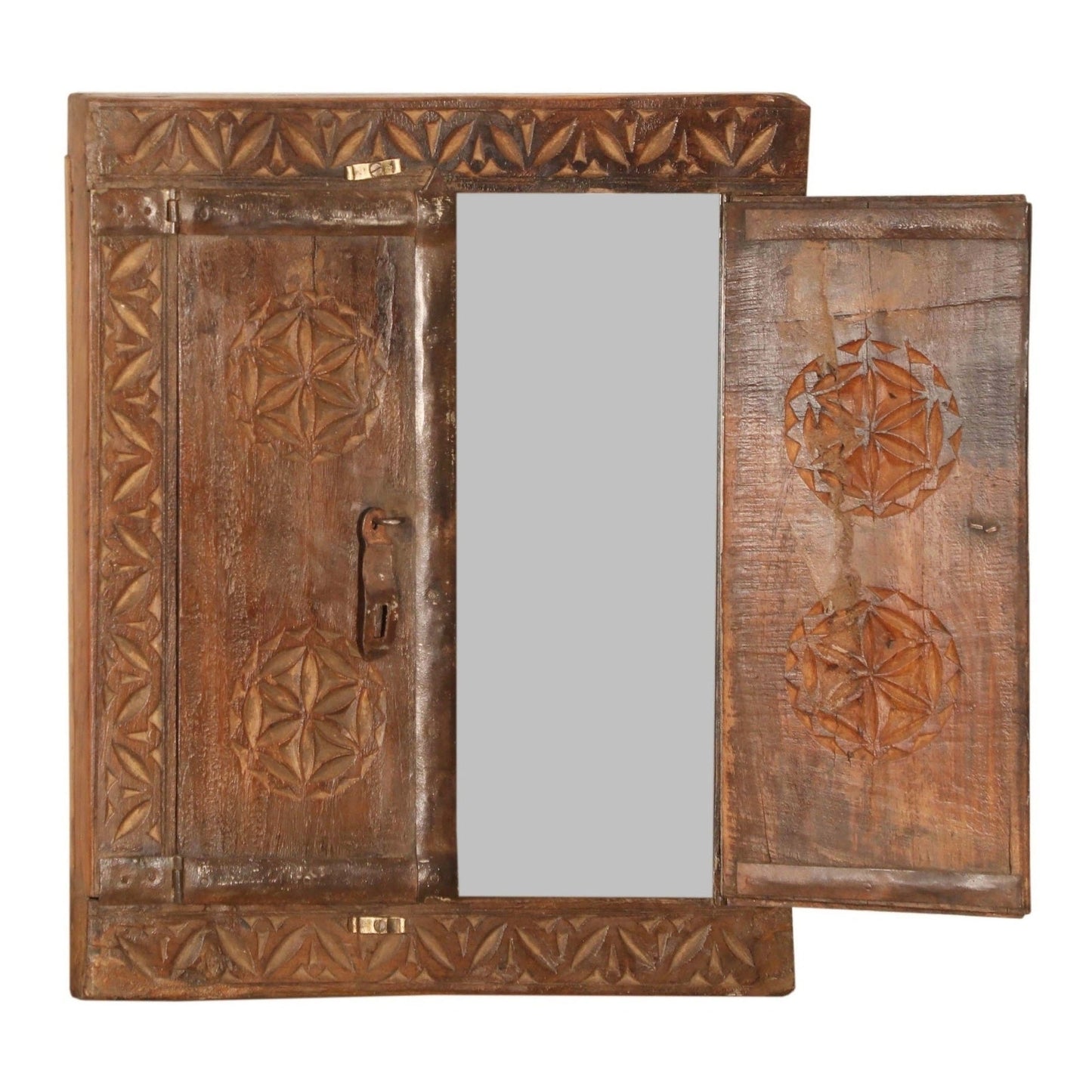 RS-067079, Wooden Frame Mirror With Door Teak, 50+Yrs Old - iDekor8