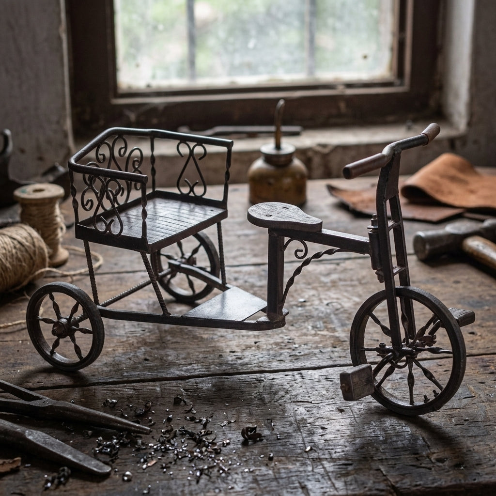 Close-up of the RS-84116 iron bicycle showcasing detailed craftsmanship, rivets, and textured surface in a vintage workshop setting.