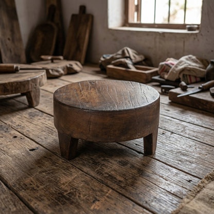Full-body view of the RS-86116 wooden bajot placed on a textured wooden floor in an Indian artisan workshop, highlighting craftsmanship.