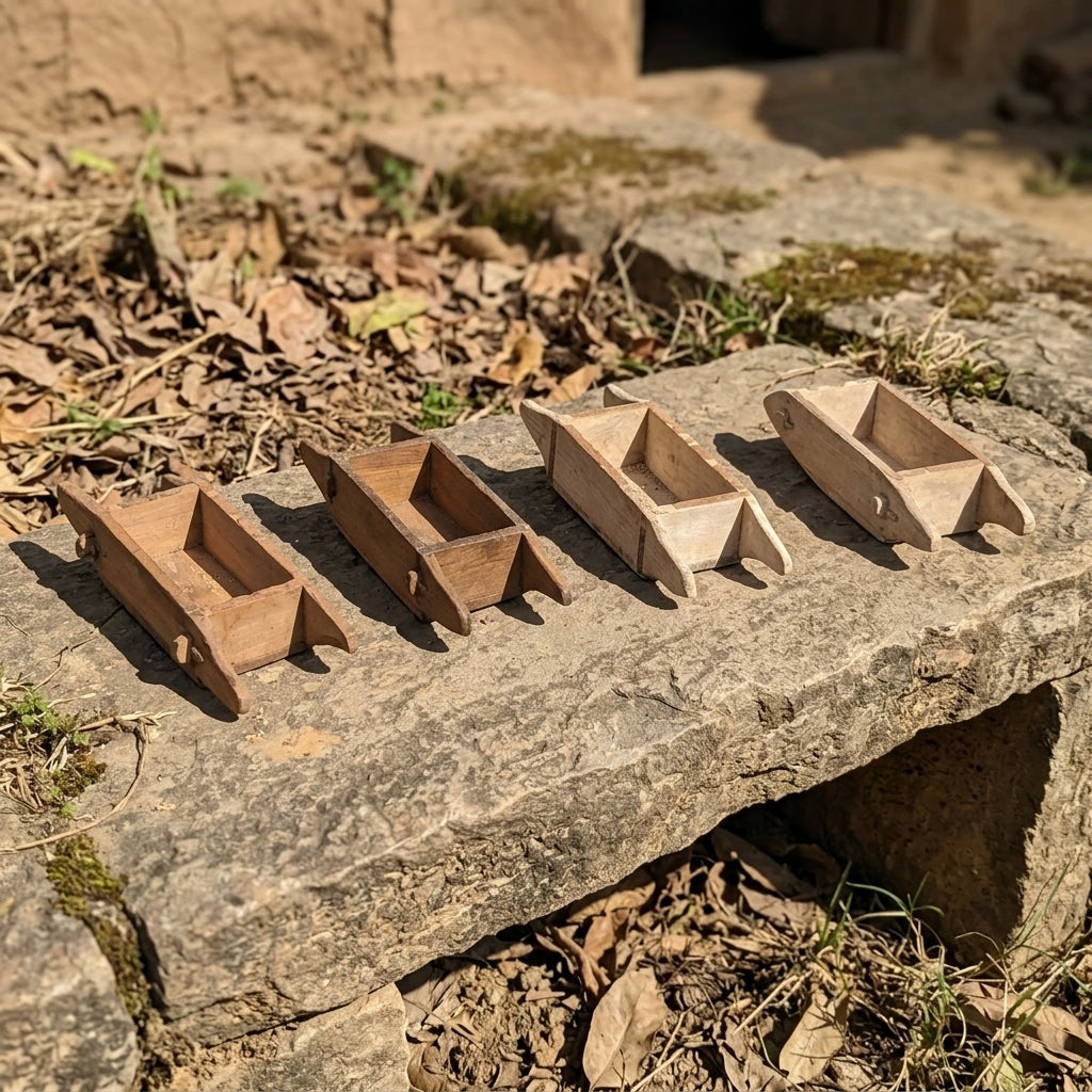 Angled shot of RM-71891 wooden brick mould on stone surface outdoors with leaves and greenery.