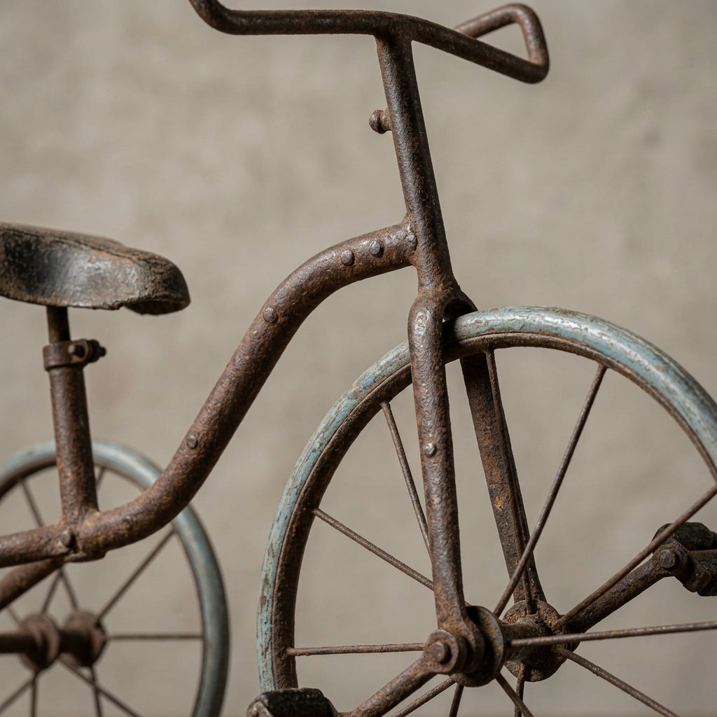 Close-up of the RM-70142 iron cycle highlighting intricate metal textures, rivets, and weathered paint with a textured background.