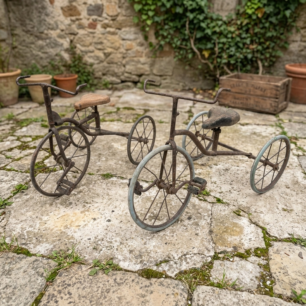 Full-body view of the RM-70142 iron cycle in a rustic outdoor setting, showcasing vintage design and structural details.