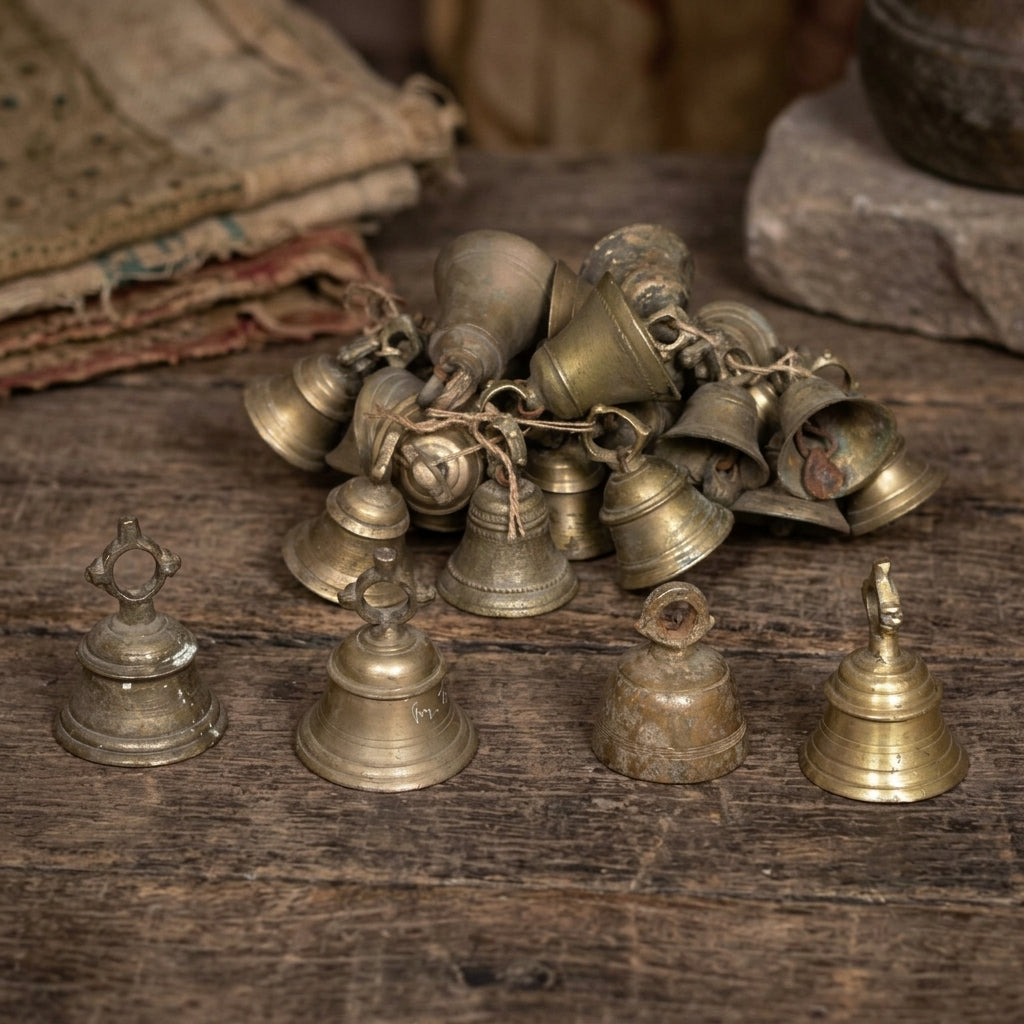 Close-up of vintage brass bell RM-72942 from India highlighting detailed engravings and patina in soft rustic lighting.