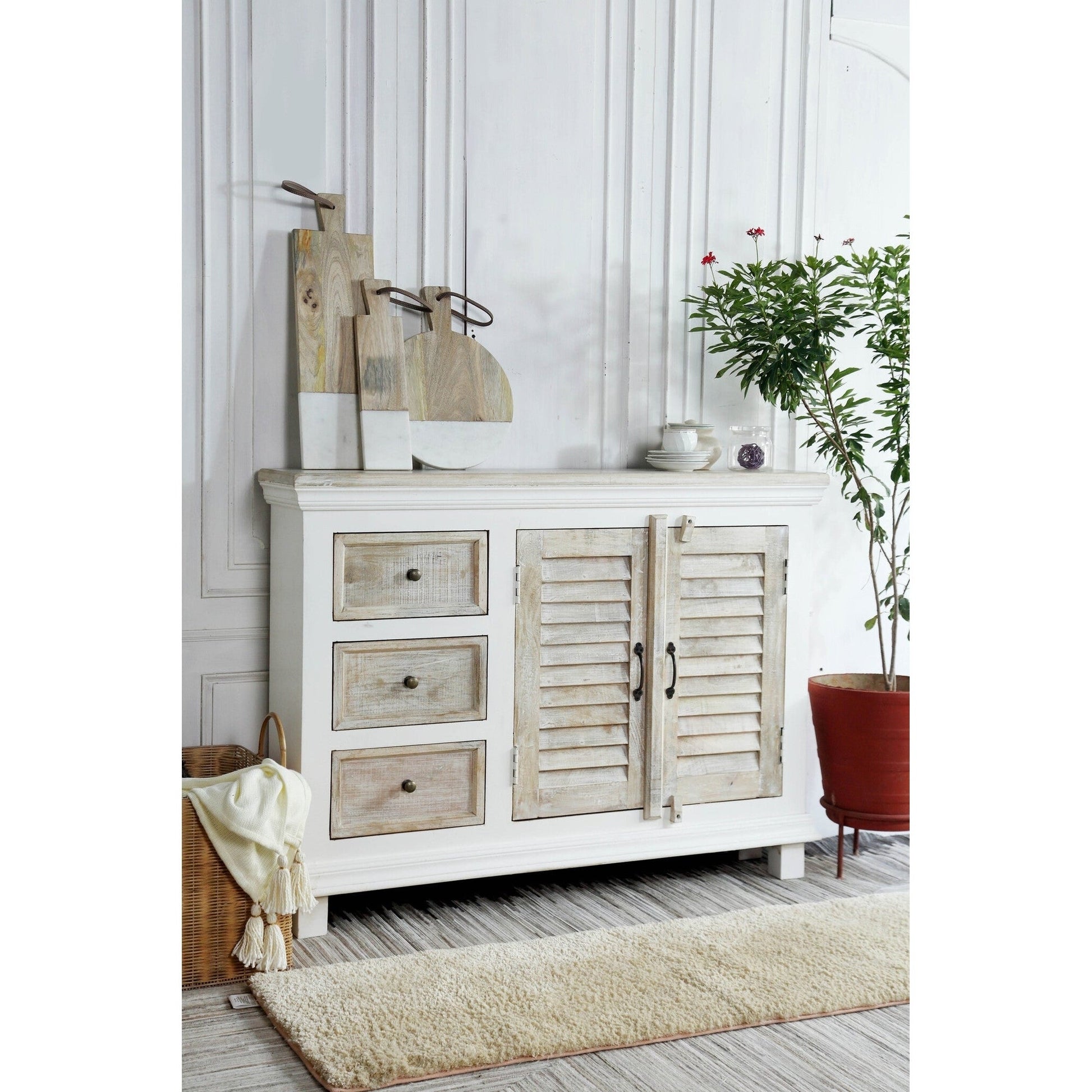 Mango Wooden Sideboard, Antique White - iDekor8